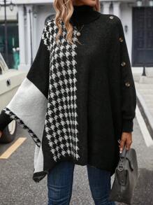 SHEIN LUNE Đồ họa Houndstooth Áo cao cổ tay cánh Chi tiết Nút Áo len Poncho - Nhiều màu - Xem 4