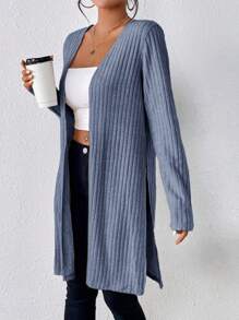 SHEIN Frenchy Viền chia cắt Đồ đan Ribbed Mở Mặt trước áo - Màu xanh lam - Xem 3