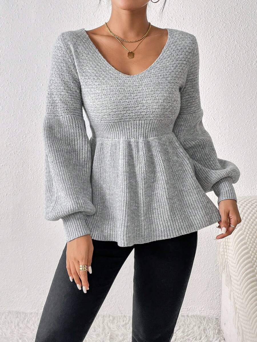 SHEIN Frenchy Jersey de mujeres de manga farol con fruncido bajo - Gris Claro - Ver 1