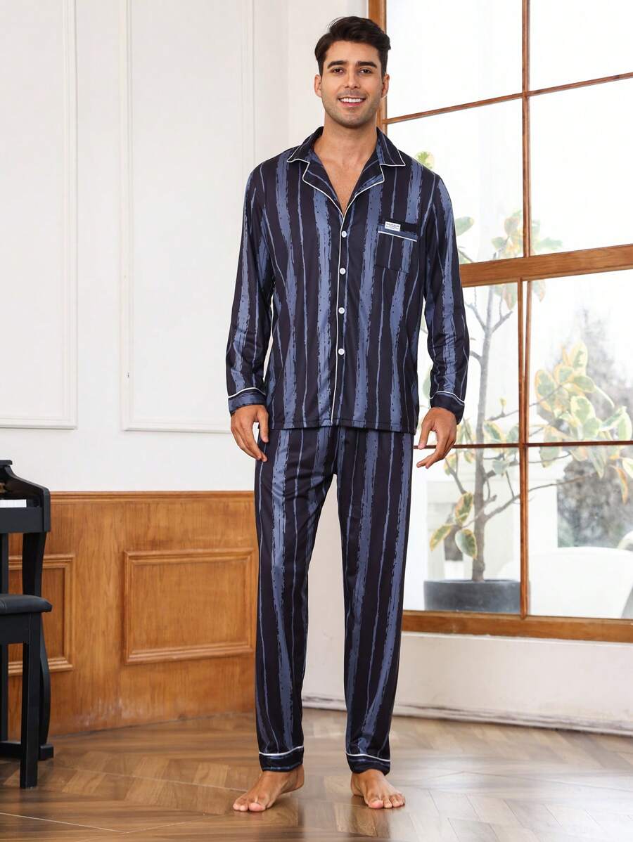 Nam Sọc & Chi tiết Patched thư Bộ PJ Áo & Quần - màu đen - Xem 1