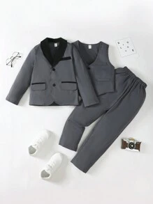 Tween Boy Contrast Panel Shawl Collar Blazer & Pants - Dark Grey - View 3