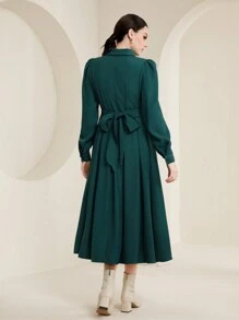 Mulvari Chất rắn Crisscross Buộc lại Nút phía trước Váy sơ mi - màu xanh lá - Xem 2