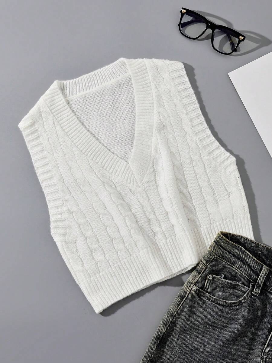 SHEIN Essnce Xoắn Dan Áo len vest - trắng - Xem 1