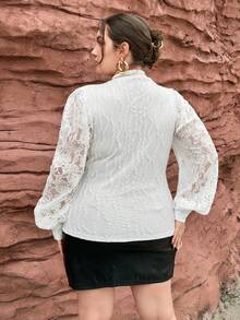SHEIN Privé Plus Mock Neck Contrast Lace Lantern Sleeve Tee - White - View 2