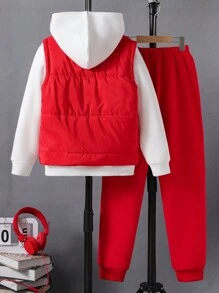 SHEIN 3pcs/Set Tween Boy Casual Streetwear Letter Print Hooded Sweatshirt, Vest And Sweatpants Set