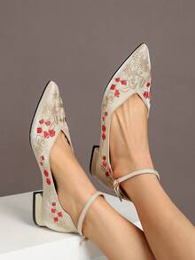 Của phụ nữ Bằng phẳng Pointed Toe Thêu Retro Búp bê - Màu be - Xem 3