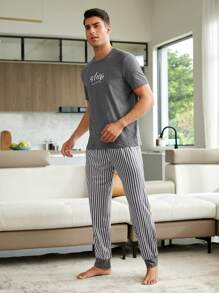 CoupledUp Men Letter Graphic Tee & Striped Pants PJ Set / Pajama Set Couple Matching Set(Sold Separately) - Dark Grey - View 6