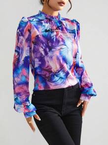 SHEIN Privé Mixade Mönster Volang Halvpolokrage Lyktärm Blusar - Multifärgad - Visa 4