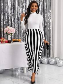 SHEIN Lady Gestreepte print Franjetrim Gespleten zoom Kokerrok