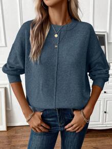 SHEIN Clasi Seam Detail Drop Shoulder Sweater - Dusty Blue - View 4