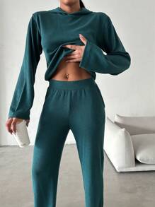 RueChic Solid Hooded Sweatshirt & Slant Pocket Pants - Green - View 5