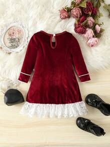 Baby Girl Contrast Lace Ruffle Hem Velvet Dress - Burgundy - View 2