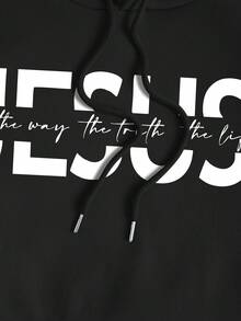 SHEIN EZwear 字母圖案袋鼠口袋抽繩加絨內裏連帽衫 - 黑色 - 查看 3