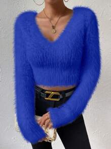 Allurite Jersey unicolor de cuello V crop de peluche