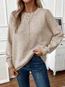 SHEIN LUNE Solid Drop Shoulder Sweater,Long Sleeve Tops - Apricot - View 6