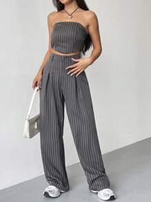 SHEIN EZwear Pantalones Rectos De Rayas Verticales Para Mujer - Gris Oscuro - Ver 4