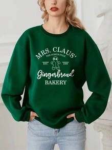 SHEIN EZwear Slogan & Gingerbread Man Áo nỉ lót vai giữ nhiệt đồ họa - Màu xanh lá cây đậm - Xem 1