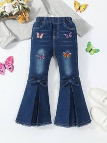 Young Girl Butterfly Embroidery Bow Front Flare Leg Jeans - Dark Wash - View 1