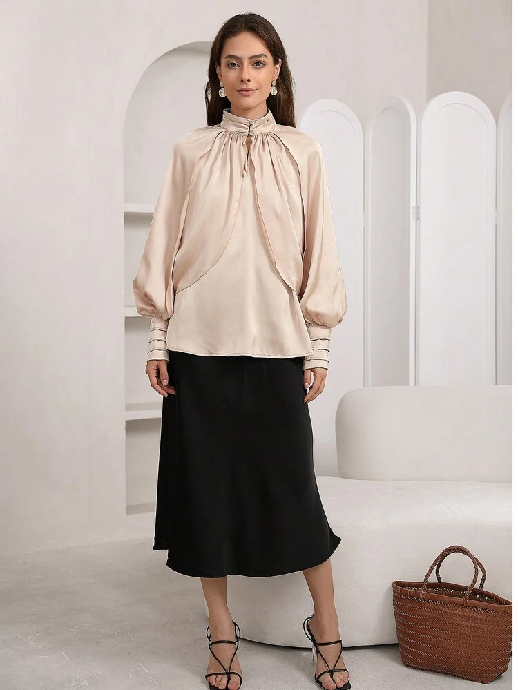 Mock Neck Lantern Sleeve Satin Blouse