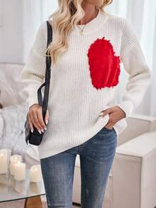 SHEIN Clasi 愛心圖案落肩袖套頭毛衣 - 紅白色 - 查看 5