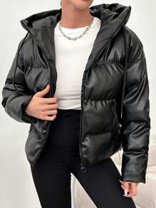 EURMUSE Drop Shoulder Zip Up Hooded PU Puffer Coat - Black - View 3