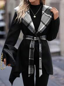 SHEIN LUNE Abrigo de cuadros en contraste con estampado con capucha con cinturón - Gris - Ver 2