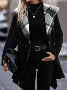 SHEIN LUNE Abrigo de cuadros en contraste con estampado con capucha con cinturón - Gris - Ver 6
