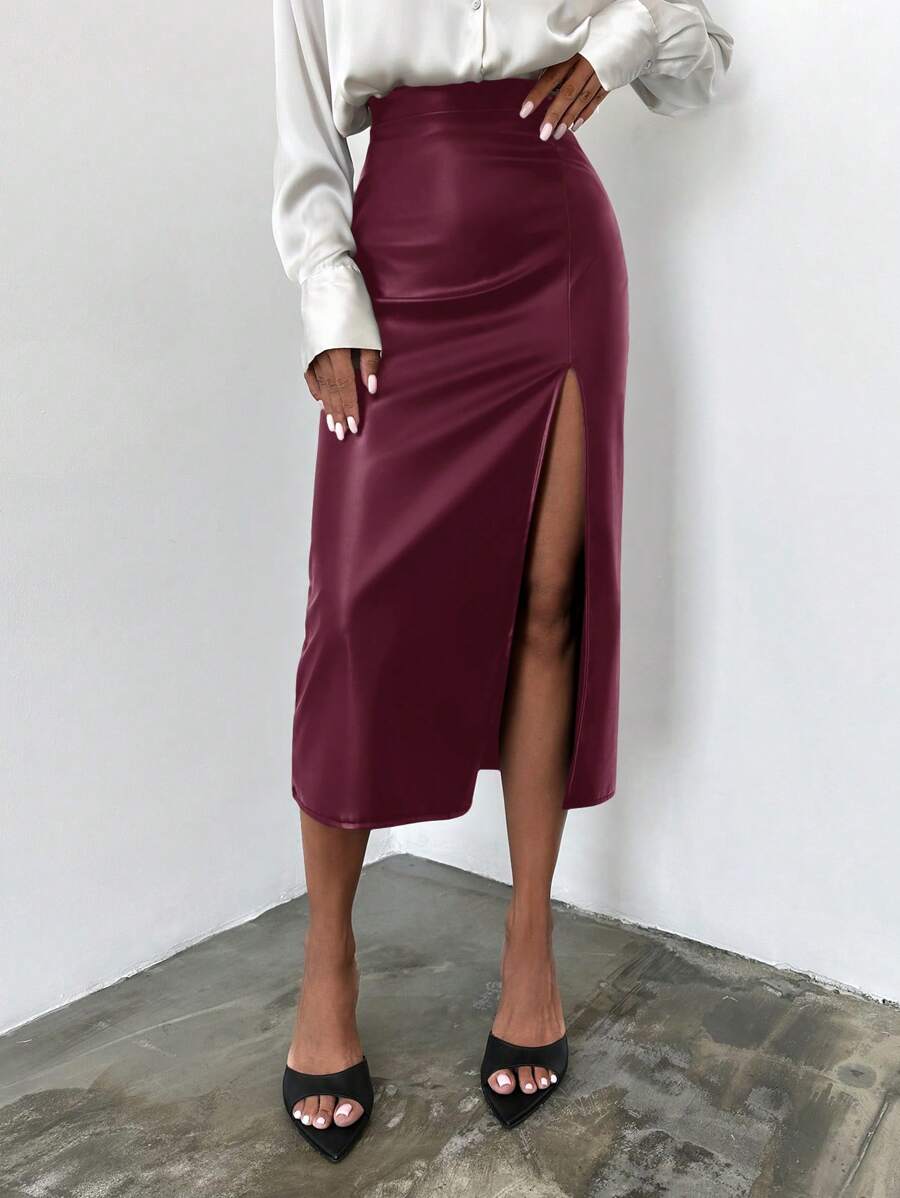 SHEIN Cottnline High-Waisted Pu Leather Skirt With High Side Slit - Burgundy - View 1