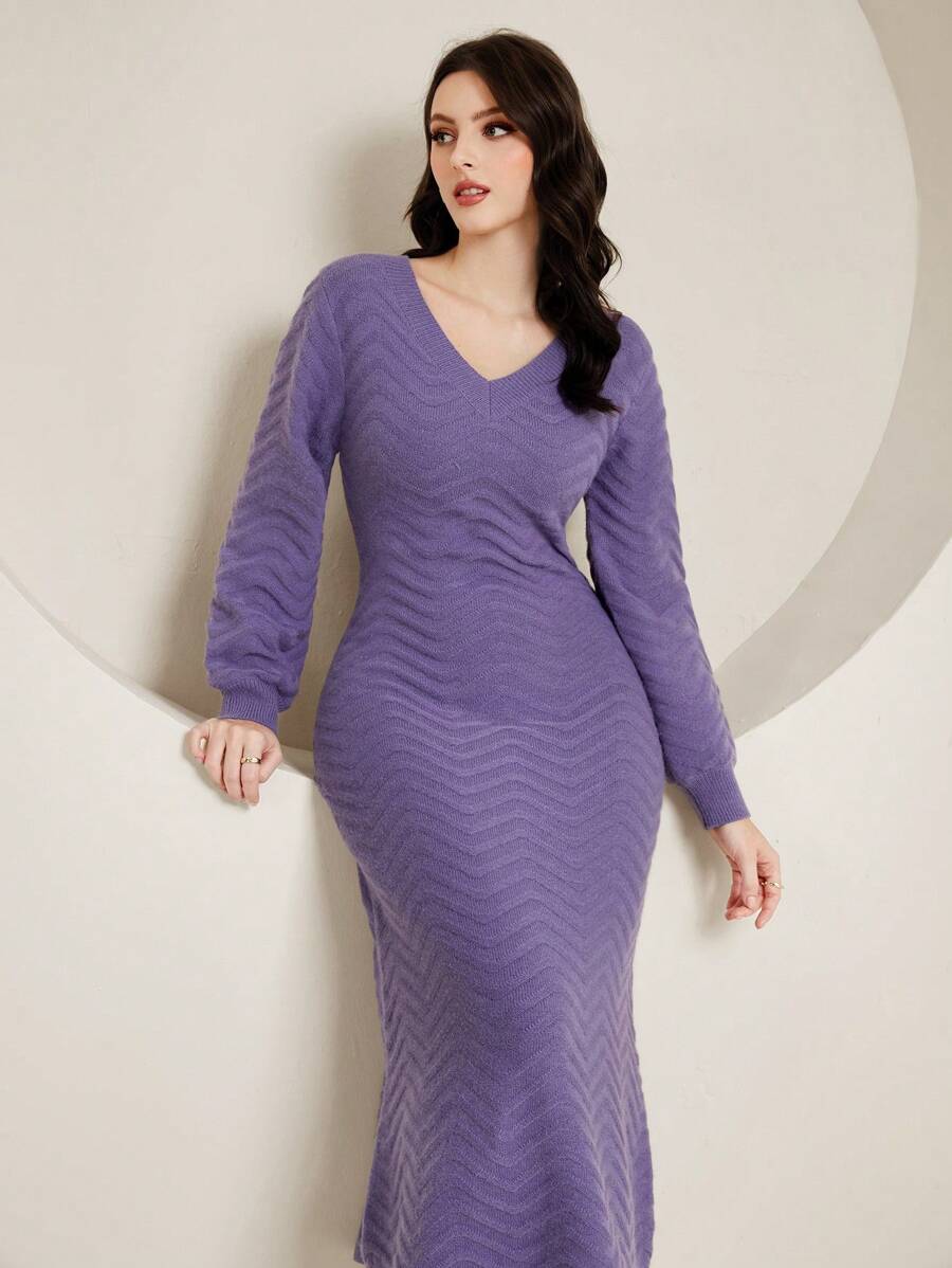 Mulvari Solid V Neck Sweater Dress - Purple - View 1