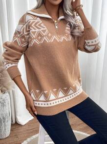 EMERY ROSE Women's Geometric Pattern Loose Fit Sweater With Zipper And Drop Shoulders Knit Pullover Fall Winter Outfit - Khaki - View 3