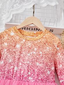 SHEIN Cô gái Tween Họa tiết long lanh Vá lại Hai lớp Lưới Đầm - Hồng - Xem 4