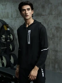 Manfinity Sport Corelite 男友风男士几何印花拉链连帽运动夹克健身上衣运动夹克 - 黑色 - 查看 3