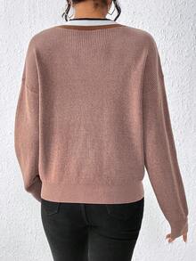 SHEIN Unity Striped Trim Drop Shoulder Sweater - Khaki - View 2