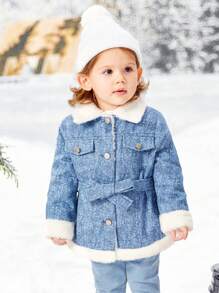 SHEIN Infant Girls' Casual Thermal Lined Long Coat With Lapel Collar And Belt