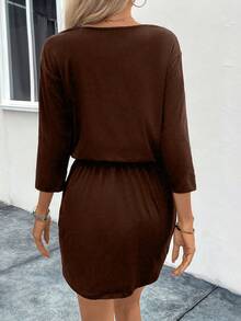 SHEIN LUNE Một nửa khóa kéo Thả vai Eo dây rút Đầm - màu nâu - Xem 2