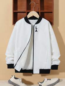 SHEIN Tween Boy Letter Embroidery Fuzzy Lined Bomber Jacket - White - View 3