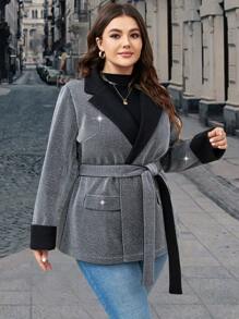 SHEIN Unity 大碼西裝領腰帶花呢外套 - 黑色 - 查看 5