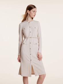 GOELIA Button Front Belted Long Sleeve Dress With Belt - Beige - View 3