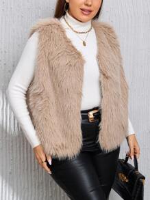 SHEIN Privé 大碼開門襟毛茸茸外套馬甲 - 杏色 - 查看 4