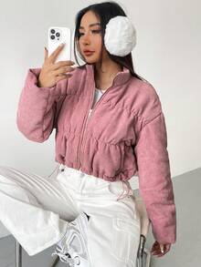 SHEIN EZwear Áo khoác nhung kẻ có đệm vai thả khóa kéo - Màu Hồng baby - Xem 4