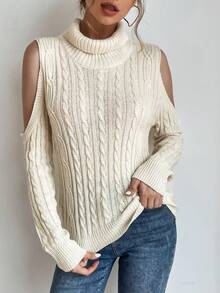 SHEIN Essnce Áo cao cổ Vai lạnh Xoắn Dan Áo len - Màu be - Xem 5