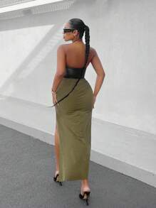 SHEIN SXY Falda Midi Plisada De Color Sólido Para Mujer Con Abertura De Raja Alta En El Dobladillo - Verde militar - Ver 2