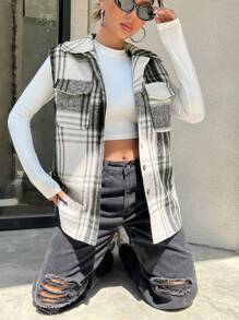 SHEIN Unity Plaid Print Flap Pocket Vest Overcoat - Black and White - View 4