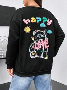 Flirla Plus Cartoon & Letter Graphic Sweatshirt Pullover Fall Sweatshirt - Black - View 1
