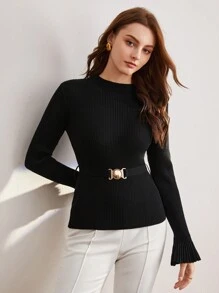 BizChic Flare Sleeve Ribbed Knit Sweater - Black - View 5