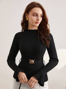 BizChic Flare Sleeve Ribbed Knit Sweater - Black - View 7