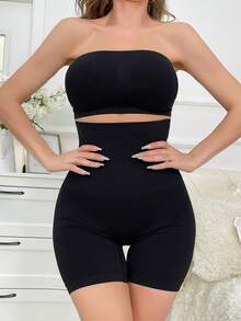 Solid Tube Top & High Waist Shorts Shapewear Set - Black - View 7