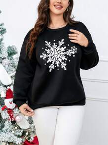 SHEIN LUNE Plus 雪花印花落肩運動衫保暖 - 黑色 - 查看 1