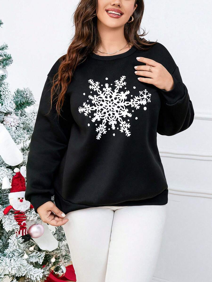 SHEIN LUNE Plus 雪花印花落肩運動衫保暖 - 黑色 - 查看 1