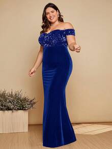 SHEIN Belle Plus Off Shoulder Sequin Insert Mermaid Hem Formal Dress - Teal Blue - View 7